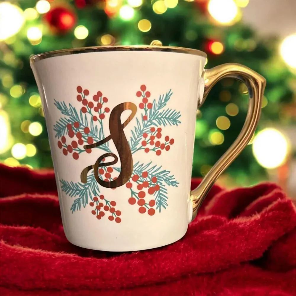Monogram Letter S Mug 10 Strawberry Street Xmas Gold Filigree Cottagecore